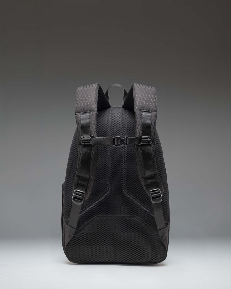 Herschel Kingston Backpack in Black Diamond/Black showing the front view with dual straps, top handle, and zippered front pocket.